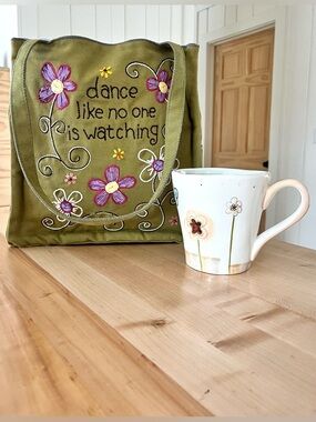 NATURAL LIFE Olive Green Embroidered Cotton Tote w/ Mug